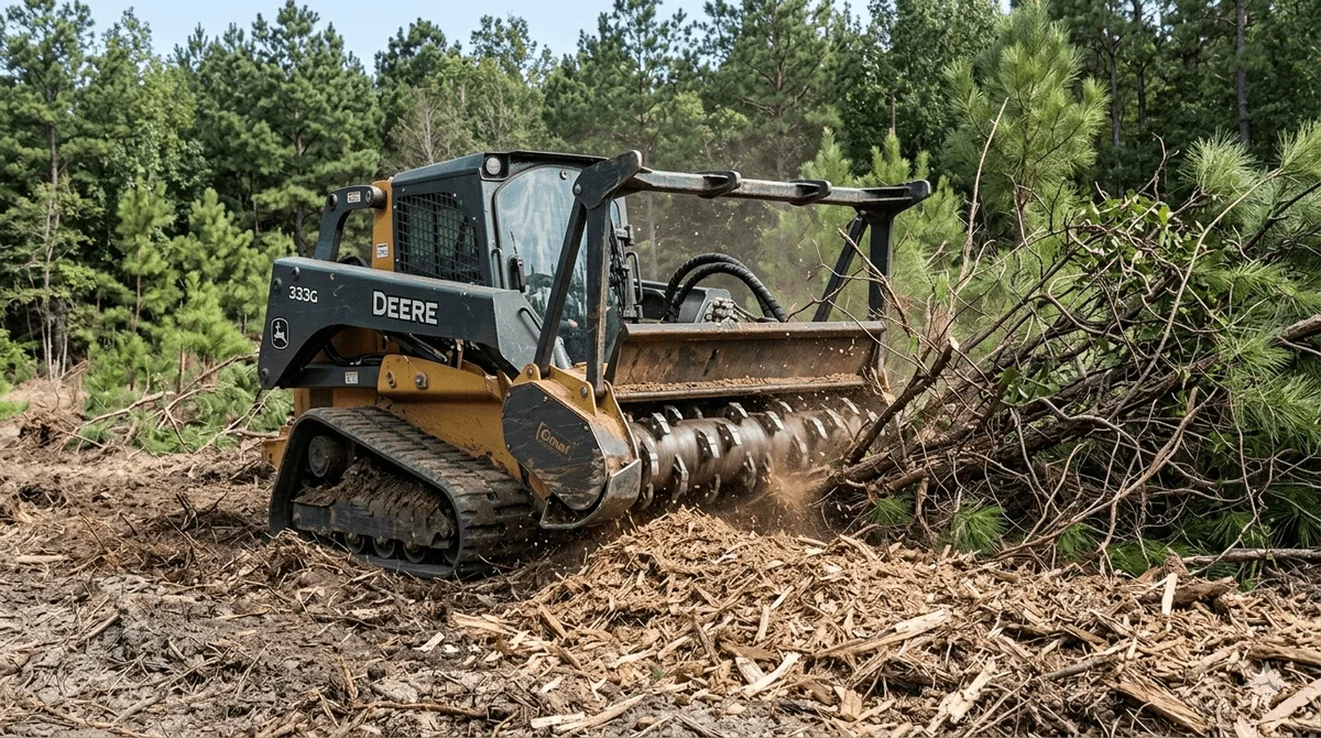 Forestry mulching machine grinding trees and brush on a Georgia lot