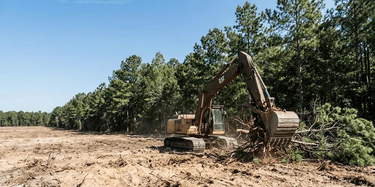 Land clearing equipment working on a wooded Burke County property